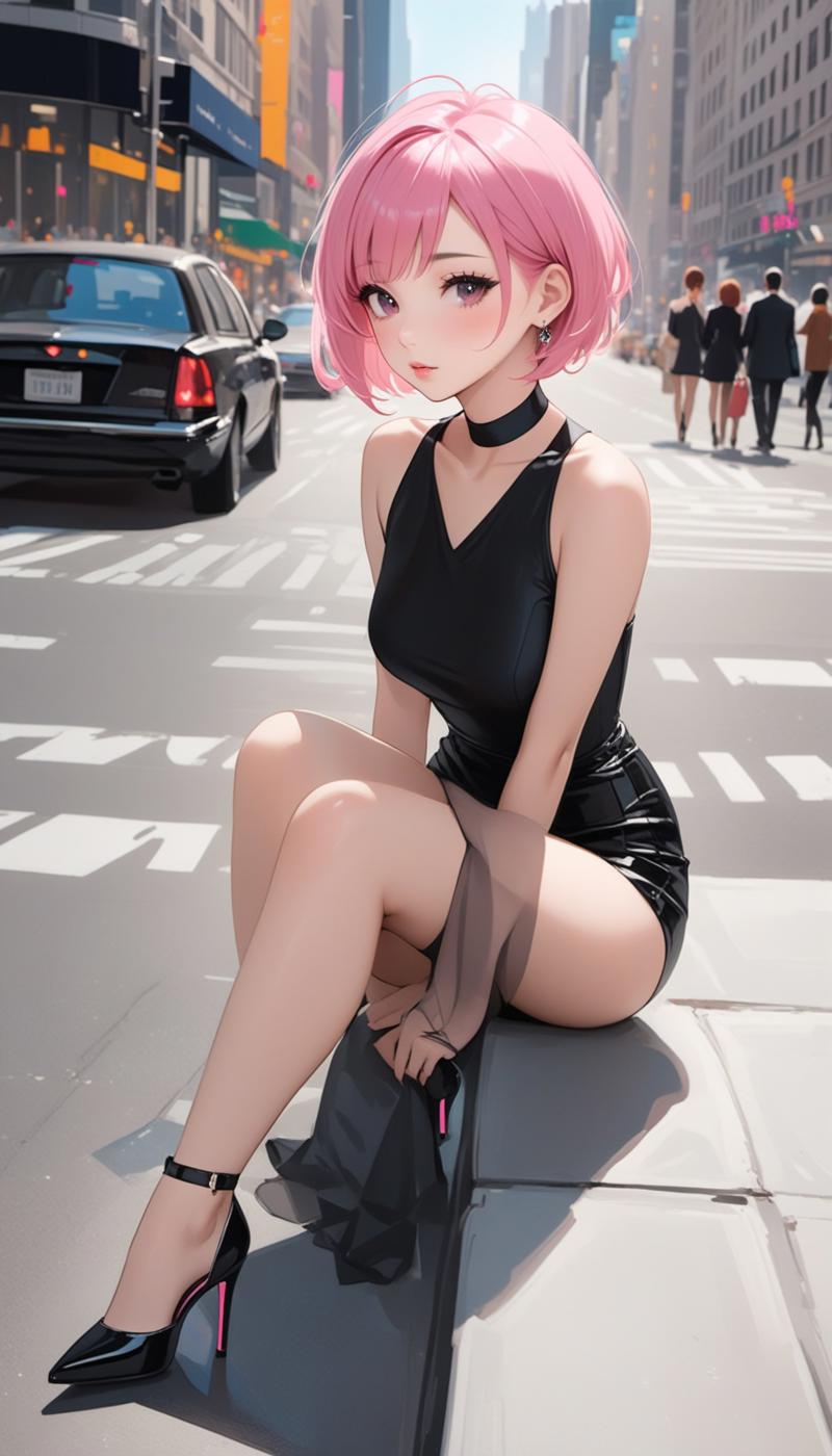 photo of sexy Korean girl sitting on 5th avenue wearing high heels, short pink hair, dark makeup XL 0.jpg